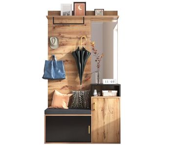 Mueble recibidor de mdf con 2 puertas,espejo,zapatero y perchero,negro+madera