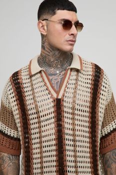Polo Tall Recto Oversize De Punto Abierto Con Raya, Brown