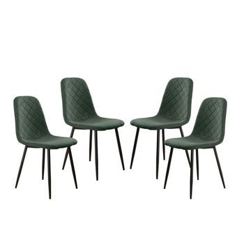 Pack De 4 Sillas De Comedor Suiz, Silla Tapizada En Tela Verde Oscuro Con Respaldo Capitoné Romboidal Y Patas Color Negro