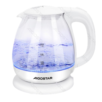Aigostar Elvin - Hervidor de agua eléctrico, vidrio de borosilicato, 2200W, iluminación LED, capacidad 1L, Rápida ebullición, Protección contra la ebullición en seco, Libre de BPA, Blanco