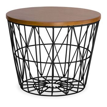Mesa Auxiliar Redonda - Diseño Industrial - Madera Y Metal - Basker Negro