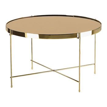 Mesa De Centro Con Tapa De Vidrio Templado Marrón Dorado Y Patas De Metal Dorado Redonda Estilo Glamour Lucea
