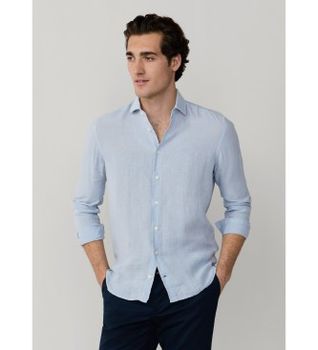 Hackett London para hombre. HM3010636 Camisa ESS GMD de lino azul (L), Casual, Manga larga