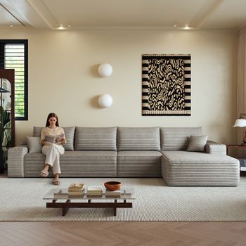 Sofá Modular Esquinero De 4 Plazas En L Con Chaise Longue, 340 Cm, Pana Camel