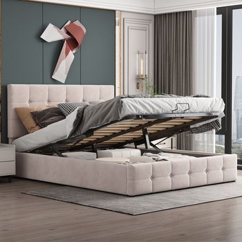 Cama Doble Acolchada Con Almacenamiento Hidráulico, Cabecero Ajustable, Somier De Lamas Metálicas, Terciopelo Blanco Crema 140x200