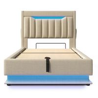 cama individual 90x200 cm - cabecero con almacenamiento puertos usb y type-c iluminacion led espacio de almacenamiento hidraulico - beige