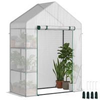 outsunny invernadero de jardin 143x73x195 cm vivero casero de acero con 2 estantes y puerta enrollable invernadero para terraza blanco   aosom espana