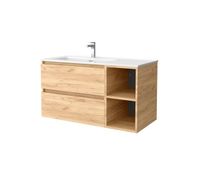 mueble de bano 90 cm 2 cajones y coqueta derecha 2 huecos roble con lavabo integrado