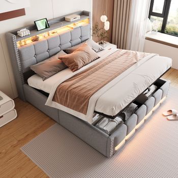 Cama Canapé De 160 X 200 Cm Con Cabecero Y Espacio De Almacenaje - Tejido De Lino - Puerto Usb Y Led - Somier De Láminas - Gris Claro (sin Colchón)