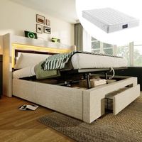 cama canape de 140x200 cm con cabecero y 1 cajon - tejido de lino - leds y puertos usb y tipo c - beige colchon incluido
