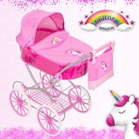 carro de muneca carrito de munecas clasico unicornio de color rosa 9493 incluye capazo con capota y cubre capazo cesta portaobjetos y bolso plegable y facil de montar calidad al mejor precio
