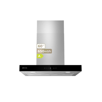 EVVO Campana Extractora Decorativa CE31, Ancho 60 cm, Potencia 650 m³/h, 3 Velocidades, Modo Boost, Táctil ,Temporizador