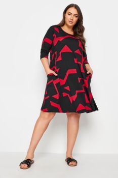 Yours Vestido Corto Negro Y Rojo Estampado, Mujer Curvy Y Tallas Grandes, Yours