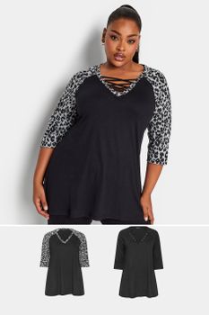 Yours Juego 2 Tops Con Cordón En Escote: Negro Y Leopardo, Mujer Curvy Y Tallas Grandes, Yours