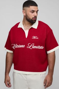 Plus Man Oversized Boxy Rib Knitted Polo, Rojo