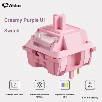 Interruptores Mecánicos Akko Creamy Purple Tactile U1, 5 Pines, 45gf±8gf, Lubricados de Fábrica, Tapa de POM, Accesorios para Teclado Mecánico, 45 Piezas