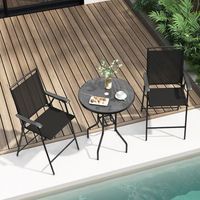 juego de muebles de bistro 3 piezas 2 taburetes de bar plegables con mesa orificio para sombrilla y reposapies para exterior patio negro
