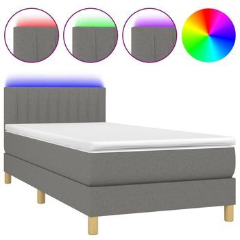 Cama Para Adultos | Cama Box Spring Con Colchón Y Led Tela Gris Oscuro 90x190 Cm