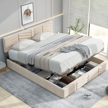 Cama Doble Acolchada De Terciopelo Beige Con Somier De Lamas Y Cabecera Ajustable, 140x190 Cm, Para Adultos Y Adolescentes