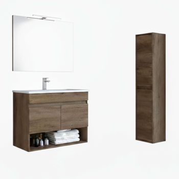 Pack Muebles Baño Completo Nordik Estilo Moderno (mueble + Espejo + Columna) Lavabo Cerámico Incluido