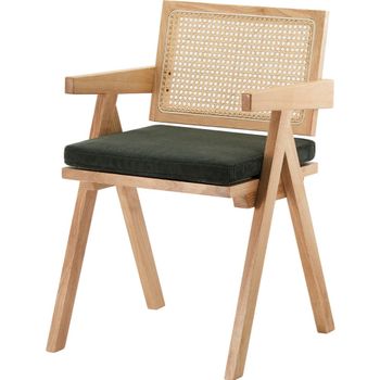 Silla de comedor de madera maciza, ratán y pana verde