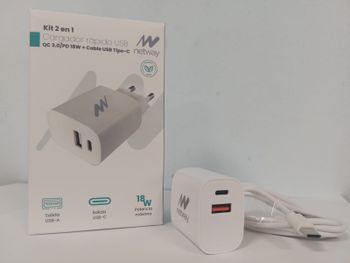 CARGADOR PARED NETWAY USB-A/USB QC 3.0 + CABLE TIPO C