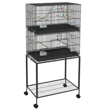 PawHut Pajarera Doble Apilable 77x46x164 cm con Ruedas Perchas Bandeja Extraíble Columpio y Escalera Negro   Aosom España