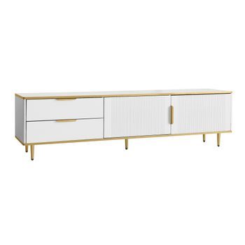 Mueble De Tv Blanco Y Dorado De 170 Cm, 2 Cajones Y Puertas Talladas