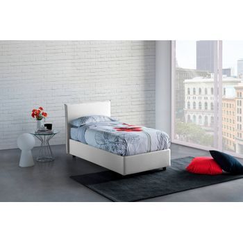 Talamo Italia Cama Individual Con Contenedor Anna, Made In Italy, Cama Con Revestimiento De Tela, Apertura Frontal, Con Colchón De 80x190 Cm Incluido, Blanco