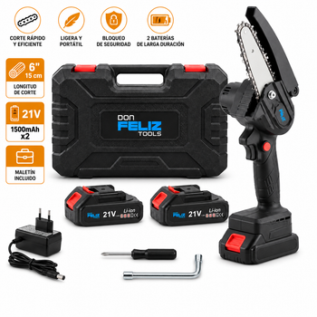 Mini motosierras de mano inalámbrica recargable, kit y maletín de herramientas para jardinería y cortar madera, 6 pulgadas (15 cm), 2 baterías de 21V 1500mAh, Don Feliz