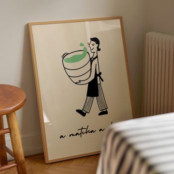 Cuadro a matcha a day, marco premium chapado en roble, 50x70 cm
