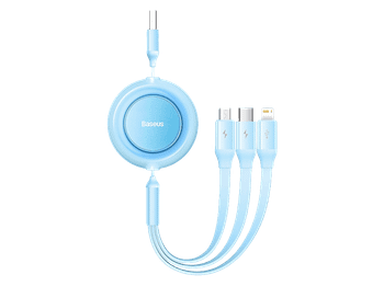 Cable USB - Baseus 3-en-1 Bright Mirror, retráctil, Carga rápida multidispositivo, a USB-C-Lightning-Micro, 110 cm, 3.5A, Azul Celeste
