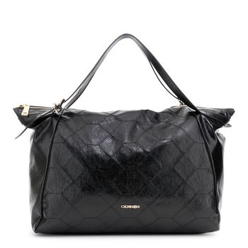 bolso shopping efecto piel metalizada, bordado geométrico black