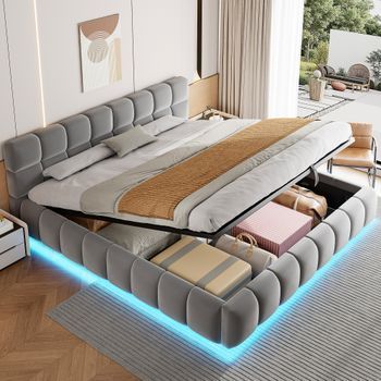 Cama Doble Tapizada Con Almacenamiento Hidráulico Y Iluminación, Terciopelo Gris 180x200 Cm