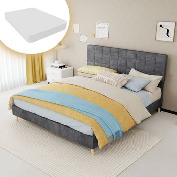 Cama Doble De Tela Gris Oscuro Con Cabecera Acolchada A Cuadros, 160x200 Cm, Con Colchón