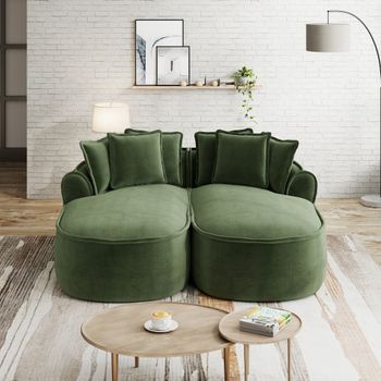 Sofá Doble De Chenilla, Sin Marco, Con Chaise Longue Doble, Cojines, No Requiere Montaje, Color Verde.