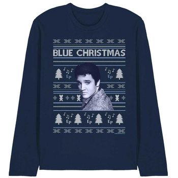 Elvis Presley Camiseta manga larga Blue Ugly Christmas para mujer