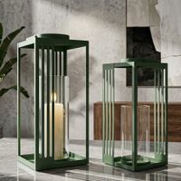 juego de 2 faroles metalicos verdes de 18x18x435 cm y 15x15x365 cm