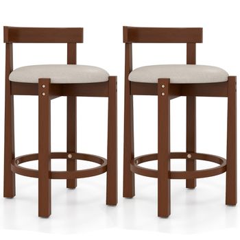 Costway Juego de 2 Taburetes de Barra Altura Mostrador Tapizados en Lino con Respaldo y Reposapiés de Madera para Cocina y Comedor Beige