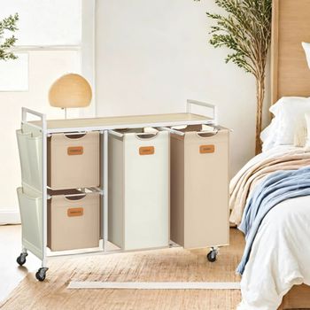 Cesto para ropa sucia con 4 compartimentos de color marrón y beige