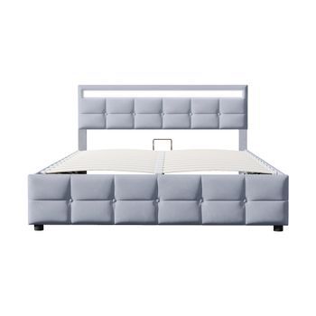 Cama Tapizada 180x200 Cm - Led, Somier, Cama Hidráulica, Tela De Terciopelo Holandés - Gris