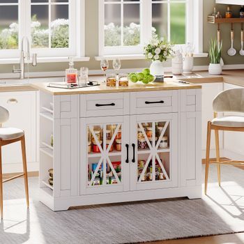 Isla De Cocina Blanca Y Madera Natural Con Mesa Abatible, Puertas De Cristal Y Ruedas Con Freno