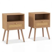 costway juego de 2 mesitas de noche con cajon de ratan y patas de pino resistentes y bonitas para dormitorio 40 x 30 x 605 cm madera