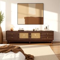 mueble tv estilo vintage efecto madera de nogal con 2 puertas de ratan