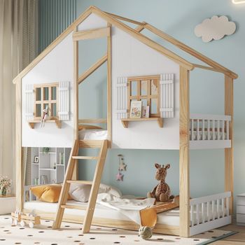 Cama Litera Infantil Con Ventanas Y Techo, Barreras De Seguridad, Somieres De Listones, Pino/mdf/contrachapado, Blanco Y Natural, 90x200cm