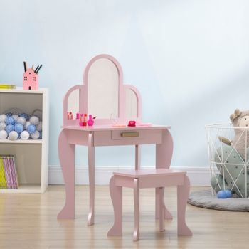 Tocador Para Niños Con Espejo Y Taburete Rosa Homcom