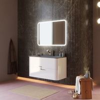 mueble de bano suspendido de 100 cm con cajones en blanco brillante y lavabo negro  hollywood