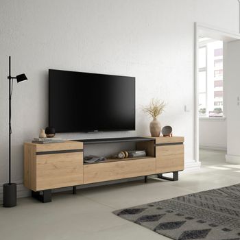 Mueble tv efecto madera roble y negro 200x35x57cm con patas