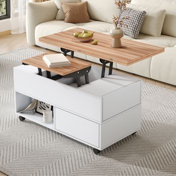 Mesa De Centro Elevable Blanca Y Madera, 100 X 50 X 52 Cm, Con Ruedas