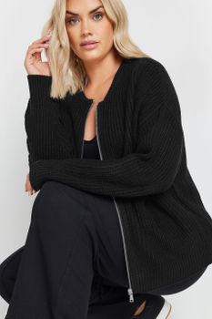 Yours Cárdigan Negro De Punto Con Cremallera Estilo Bomber, Mujer Curvy Y Tallas Grandes, Yours